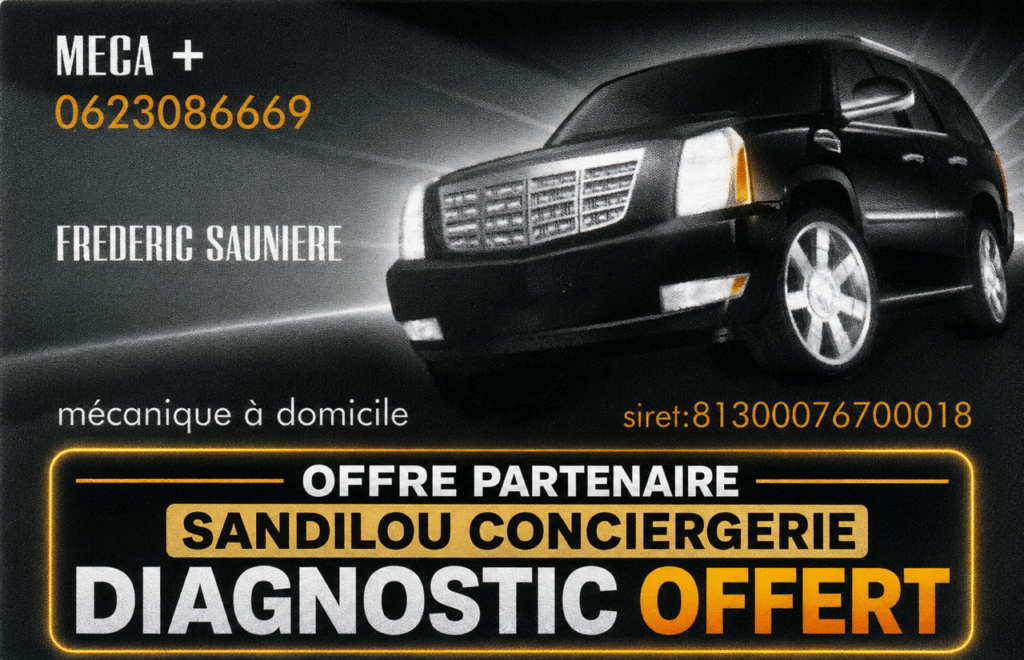 Mécanique à domicile Meca + : Diagnostic Auto Offert Mécanique à domicile Meca + par Frédéric Sauniere. Offre diagnostic offert partenaire Sandilou Conciergerie.