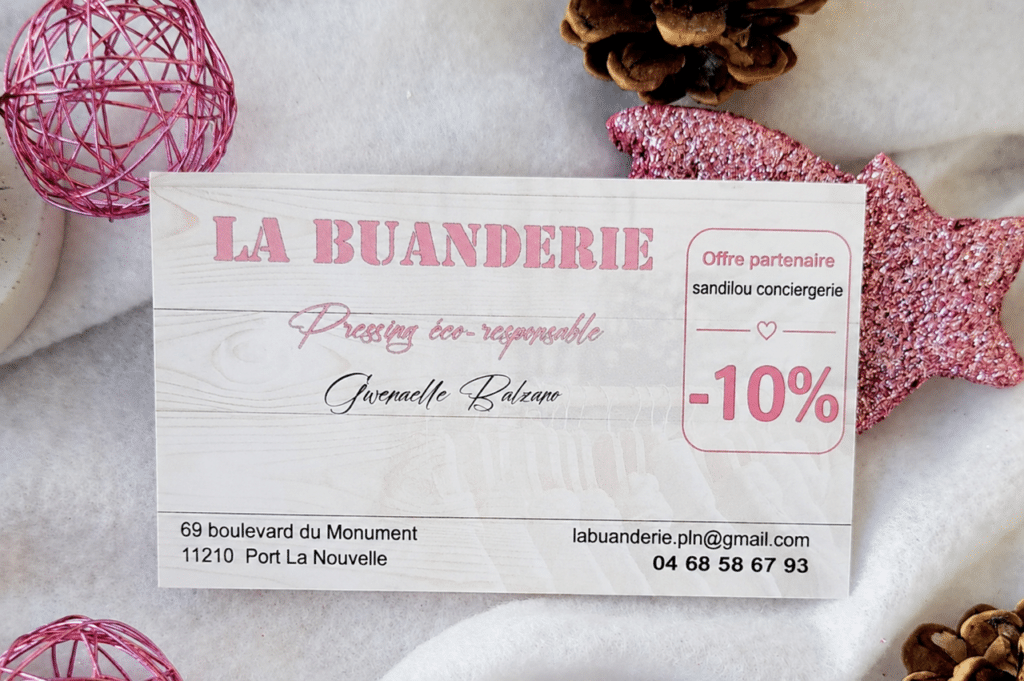 Pressing éco-responsable La Buanderie Port La Nouvelle -10% Carte La Buanderie, pressing éco-responsable à Port La Nouvelle. Offre partenaire -10% avec Sandilou Conciergerie.