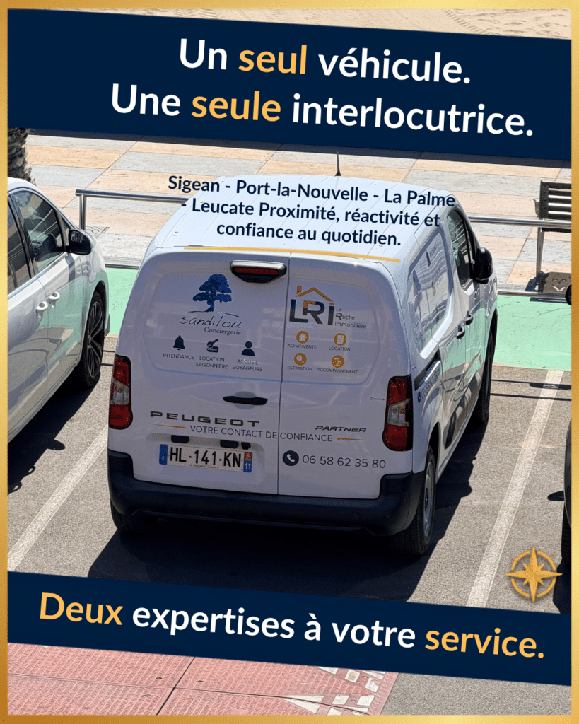 Peugeot Partner sandilou et LRI Immobilier. Texte : Une seule interlocutrice, deux expertises à votre service.